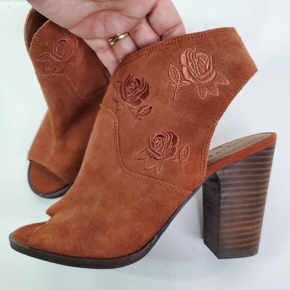 Lucky Brand Women's S 9M Listana Suede Embroidered Peep Toe Burnt Orange Booties - Picture 7 of 14
